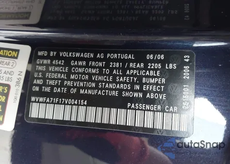 2007 Volkswagen Eos 2.0T z USA, uszkodzony, nr VIN WVWFA71F17V004154